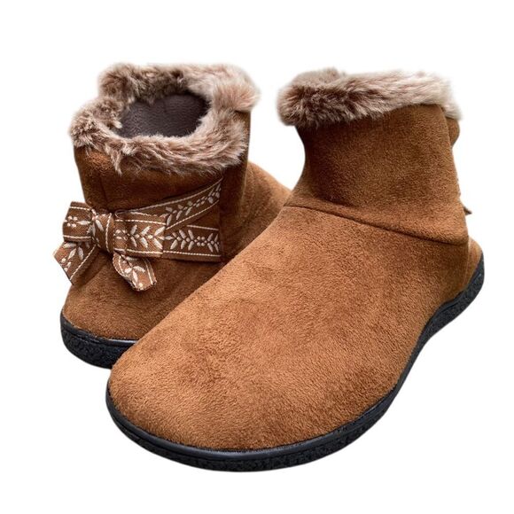 Isotoner Cozy Brown Nelly Microsuede Faux Fur Ankle Boots Slippers size 7.5 - 8 - Picture 1 of 13